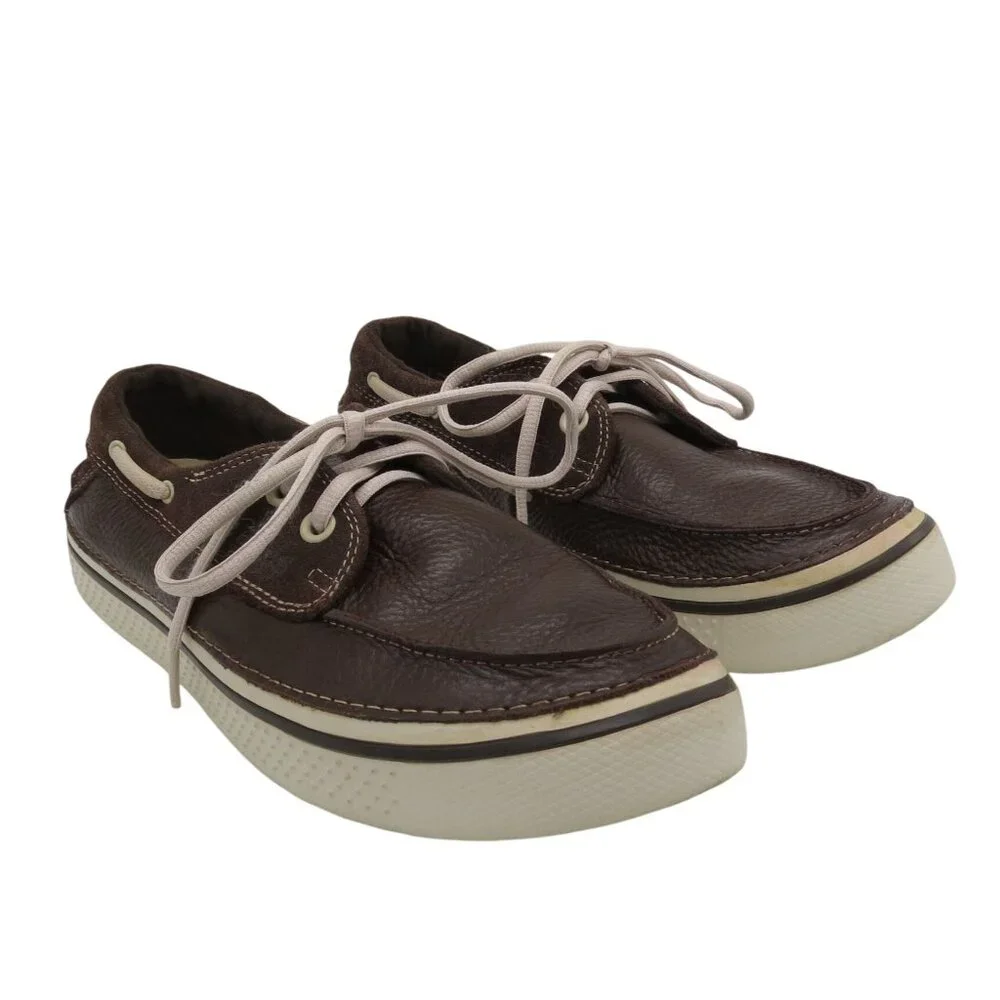 CROCS Men's Dark Brown Pebbled Leather Boat Shoes Size 9